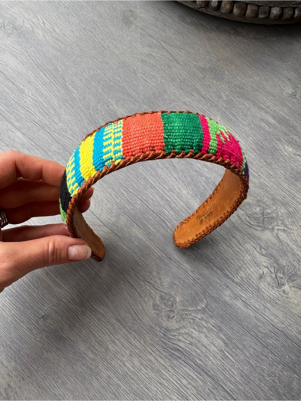 Handwoven Multicolor Embroidered Leather-Trim Headband